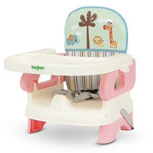 Baybee Portable Baby Booster Chair for Feeding | Folding Dining Chair for Baby with 2 Level Height Adjustable, Food Tray, Safety Belt | Infant Sitting Chairs for Kids 6 Months to 3 Years (Pink)