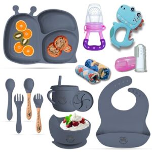 Poor-Monkey-Shop 15 Pc Baby Feeding Set | BPA-Free Food-Grade Silicone | Bib, Snail Shaped Suction Plate, Suction Bowl, Forks & Spoons, Cup, Fruit Feeder, and Much More | Safe for Babies & Toddlers