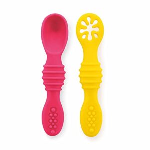 BeeBaby Smushy First Stage Silicone Spoon for Feeding Baby, Dip Spoon for Baby led weaning. 100% BPA Free and Food Grade Material. 6 Months + Pack of 2 (Pink_Yellow)