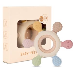 Lyrovo Silicon & Wood Teether for 3+ Months Baby, BPA Free, Beige, infants