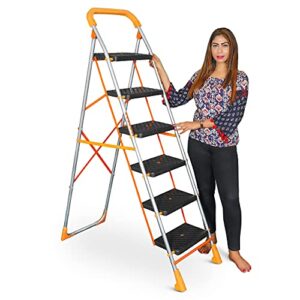 Parasnath 6 Step Orange Diamond Steel Ladder - Foldable Step Ladder -Wide Anti Skid Plastic Steps - 6 Year Manufacturer Warranty - Made in India