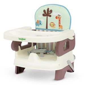 Baybee Portable Baby Booster Chair for Feeding | Folding Dining Chair for Baby with 2 Level Height Adjustable, Food Tray, Safety Belt | Infant Sitting Chairs for Kids 6 Months to 3 Years (Brown)