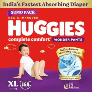 Huggies Complete Comfort Wonder Pants | Pant Style Baby Diapers Extra Large Size, 168 Count | India's Fastest Absorbing Diaper, Prevents Diaper Rash, Ideal for 12 to 17 Kgs