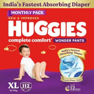 Huggies Complete Comfort Wonder Pants | Pant Style Baby Diapers Extra Large Size, 112 Count | India's Fastest Absorbing Diaper, Prevents Diaper Rash, Ideal for 12 to 17 Kgs