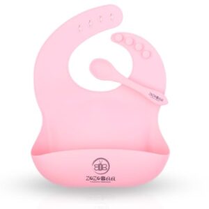ZoZoBaa Silicone Baby Bib with Easy Grip Spoon For Feeding Toddlers|Waterproof & Reusable Bib with button for Infants |Soft, Light Weight, BPA Free, 1 Set, Pink