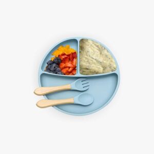 Kids Station 3 Piece BPA-Free Silicone Baby Feeding Set - Baby Plate - Spoon and Bowl - Make Mealtime Fun - Microwave Safe - Unbreakable Eco-Friendly - Organic & Natural (Blue)