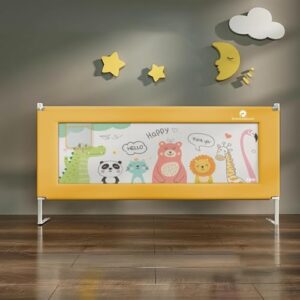 StarAndDaisy Alloy Steel, Fabric Baby Bed Guard Rail with T-Body Support Frame/Adjustable Height, and Portable Single-Side Design for Infant and Toddler Safety-(Printed Yellow-1.8 M)