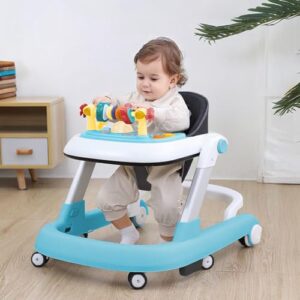 StarAndDaisy Tiny Steps Baby Walker 2-in-1 Infant & Baby Activity Walker - Seated or Walk-Behind *Without Floor mat (White Blue)