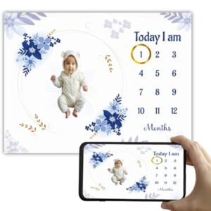 Hoolloomooloo Baby Monthly Milestone Blanket | 1-12 Months | Soft All-Season AC Blanket | Ideal for Newborn Boys & Girls | Perfect Growth Tracker & Photoshoot Prop with Blue Blossom | 120x90 cm