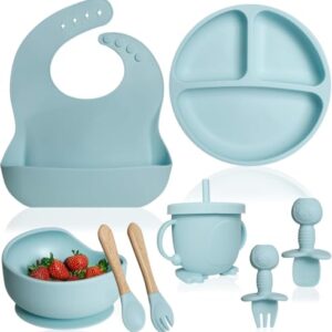QLECT BPA Free Silicone Baby Feeding Set,Baby Led Weaning Supplies,Eating Essentials Utensils with Suction Plate & Bowl,Pocket Bib,Sippy Cup with Lid,Forks Spoons for Baby&Toddler 6+ Months,Blue