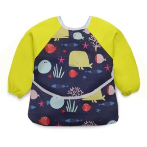 LuvLap Baby Long Sleeve Bib, Toddler Children's Leak-Free Bib with Sleeves, Washable/Lightweight/Wipeable (6-24 Months) Baby Bib Shirt with Pocket, Yellow