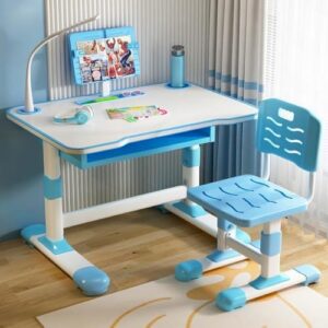 StarAndDaisy Kids Study Table Functional Desk Chair Set 3-12years Boys Girls/Kids Chair & Table with Height Adjustable/Study Table with Bookholder, Lamp, Storage Box (K80-Blue-)