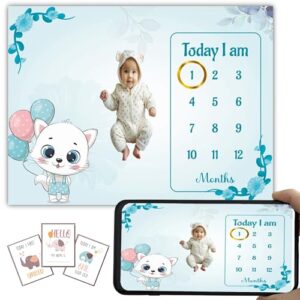 Hoolloomooloo Baby Monthly Milestone Blanket | 1-12 Months | Soft All-Season AC Blanket | Ideal for Newborn Boys & Girls | Perfect Growth Tracker & Photoshoot Prop with Balloon Kitty | 120x90 cm