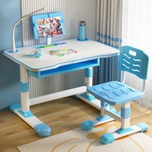 StarAndDaisy Kids Functional Desk Chair Set 3-12years Boys Girls/Kids Study Table with Height Adjustable/Study Table with Bookholder, LED Lamp, Storage Box (K80-Blue)