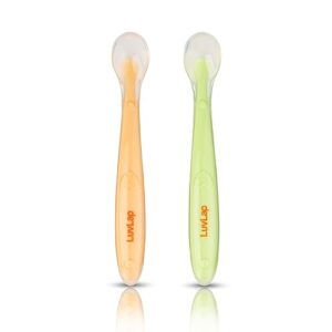 LuvLap Baby Feeding Spoon Set Of 2 With Ultra Supple 100% Silicone Tip,Bpa Free Material With Food Grade Silicone Tip,Self Feeding Utensil,Baby Weaning Spoon For Kids 4 Months+(Green&Pink),16 Cm