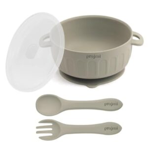 prajmi® Baby Silicone Bowl Set with Lid, Spoon and Fork, Non-Slip Base, 250ml Capacity (Sage Green)