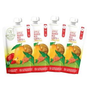 One Little Farm Baby Food Puree Pouch | 7+ Months | Apple Mango Red Lentil Almonds | 100% Natural, No Preservatives, No Sugar | 4g Protein, 4g Healthy Fats | Ready-to-Eat | Pack of 4, 100g Each