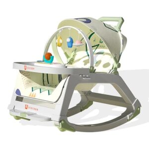 5 in1 Rocking Tots Baby Rocker, Booster Seat, Multi Position Recline, Rocking Chair for Kids, Hanging Toys & Music, Baby Dining Seat, Green, 0 to 36 Months