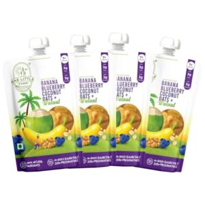 One Little Farm Baby Food Puree Pouch | 7+ Months | Banana Blueberry Coconut Oats Walnuts | 100% Natural, No Preservatives, No Sugar | 4g Protein, 4g Healthy Fats | Ready-to-Eat | Pack of 4, 100g each