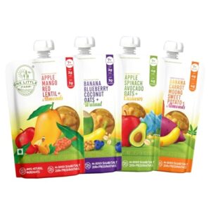 One Little Farm Baby Food Puree Pouch | 7+ Months | Veggie Lovers Combo Pack of 4 | 100% Natural, No Preservatives, No Sugar | 3g Protein, 3g Healthy Fats | Ready-to-Eat | Pack of 4, 100g Each