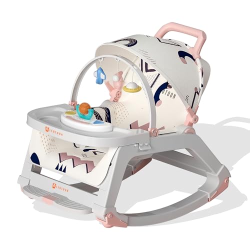 5 in1 Rocking Tots Baby Rocker, Booster Seat, Multi Position Recline, Rocking Chair for Kids, Hanging Toys & Music, Baby Dining Seat, Pink, 0 to 36 Months