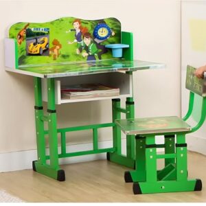 Wood MLU Baby Desk Kids Study Table and Chair Height Adjustable for Kid's Age Between 2-11 with 8+1 Socket Extension Board, Multicolour