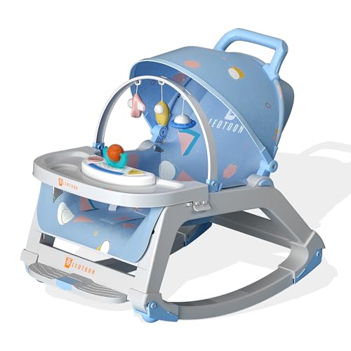 5 in1 Rocking Tots Baby Rocker, Booster Seat, Multi Position Recline, Rocking Chair for Kids, Hanging Toys & Music, Baby Dining Seat, Blue, 0 to 36 Months