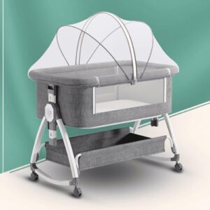 CAREIT Premium 6-in-1 Baby Bedside Cot, Crib, Cradle Portable All-Mesh Bassinet with Multi-Purpose Tray,Wheels, Storage Basket, and 6 Height Adjustments, Easy Assembly for Newborns- Frost Grey