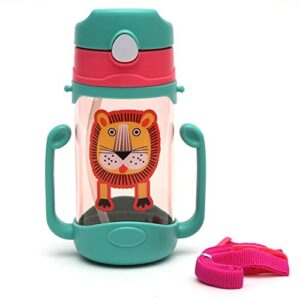 Koochie-Koo Plastic One Touch Open Cute Lion Printed Handy Transparent Sippy Cup Bottle with Handle, Straw and Strap for Kids, Water Bottles for Toddler Boys & Girls (Green, 450 ml)