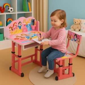 MLU Kids Study Table and Chair Set | Pink Cartoon Print | Adjustable Height | Strong & Durable | Perfect for Study, Writin, Drawing & Activities