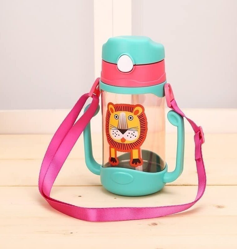 Koochie-Koo Plastic One Touch Open Cute Lion Printed Handy Transparent Sippy Cup Bottle with Handle, Straw and Strap for Kids, Water Bottles for Toddler Boys & Girls (Green, 450 ml) - Image 2