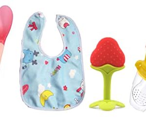 Baby Needs Items All in One 1-Baby Bib (Print May Vary) 1-Feeder 2 Color Changing Temper - Sensor Spoon and 1-Teether (Combo Pack) (Yellow.)