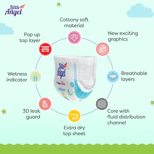 Little Angel Premier Pants Baby Diaper, New Born (NB/XS) Size, 120 Count, Cottony Soft Material, Wetness Indicator, Breathable Layer, Stretchable Sides, Pack of 2, 60 count/pack, up to 5 kgs - Image 6