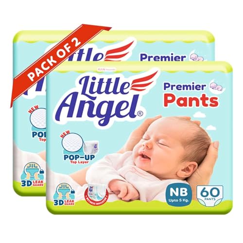 Little Angel Premier Pants Baby Diaper, New Born (NB/XS) Size, 120 Count, Cottony Soft Material, Wetness Indicator, Breathable Layer, Stretchable Sides, Pack of 2, 60 count/pack, up to 5 kgs
