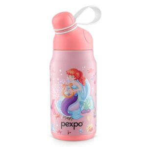 Pexpo Piano Pro 450 RCB Edition ISI Certified Stainless Steel Water Bottle for School Kids - 420ml | 6+ Years Age |Hot & Cold | with Sipper Cap | Double Wall | for Picnic, Outing - Pink Mermaid Print