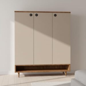 GiggleWood Modern Shoe Storage Cabinet, Natural Wood and White, 120x34x152cm, MDF Construction, Hidden Cable Storage, 2-Door with Drawers, Floor Mount Design