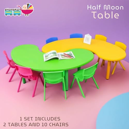 eHomeKart Kids Half-Moon Table Set of 2 with 10 Chairs – Front Round Shape, Perfect for Home Use (53 x 20 x 20 inches) for Kids with Set of 10 Chairs- Perfect Fort Home - Image 2