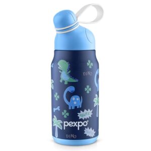 Pexpo Piano 450 ISI Certified Stainless Steel Water Bottle for School Kids - 420ml | 6+ Years Age |Hot & Cold | with Sipper Cap | Double Wall | for Picnic, Outing - Blue Dino Printed