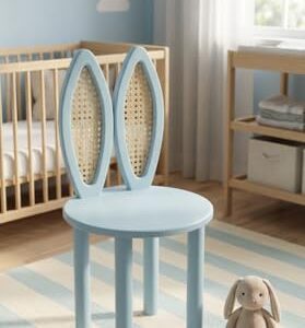 Gigglewood Bunny Chair Kids Chair with Rattan Backrest, White with Natural Cane, Playful Rabbit Ear Design, Children's Furniture
