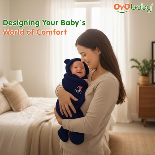 OYO BABY Newborn Baby Hooded Swaddle Blanket Combo β 2 Pcs Embroidered Wearable Wrappers/Sleeping Bags (0-6 Months, 72x68 cm) - Blue +Dark Blue, I Love Mom - Image 4