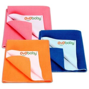 OYO BABY Anti-Piling Fleece Extra Absorbent Instant Dry Sheet for Baby, Baby Bed Protector, Waterproof Sheet, Small Size 50x70cm, Pack of 3, Salmon Rose, Royal Blue & Peach