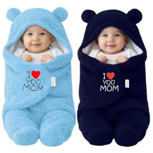 OYO BABY Newborn Baby Hooded Swaddle Blanket Combo – 2 Pcs Embroidered Wearable Wrappers/Sleeping Bags (0-6 Months, 72x68 cm) - Blue +Dark Blue, I Love Mom