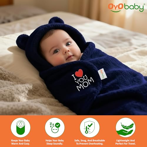 OYO BABY Newborn Baby Hooded Swaddle Blanket Combo β 2 Pcs Embroidered Wearable Wrappers/Sleeping Bags (0-6 Months, 72x68 cm) - Blue +Dark Blue, I Love Mom - Image 3