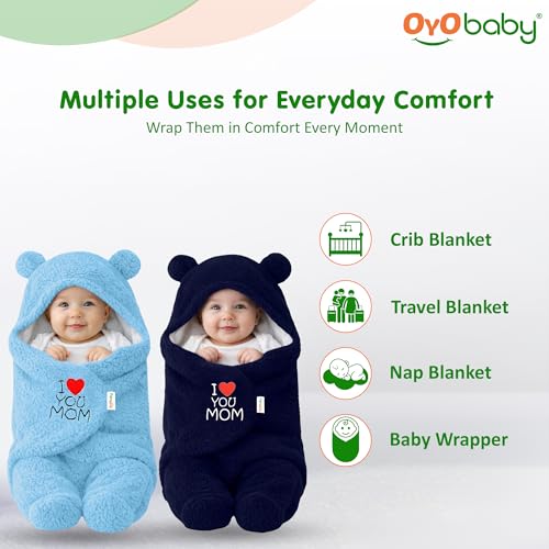 OYO BABY Newborn Baby Hooded Swaddle Blanket Combo β 2 Pcs Embroidered Wearable Wrappers/Sleeping Bags (0-6 Months, 72x68 cm) - Blue +Dark Blue, I Love Mom - Image 2