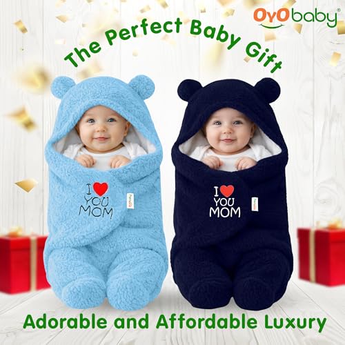 OYO BABY Newborn Baby Hooded Swaddle Blanket Combo β 2 Pcs Embroidered Wearable Wrappers/Sleeping Bags (0-6 Months, 72x68 cm) - Blue +Dark Blue, I Love Mom - Image 7