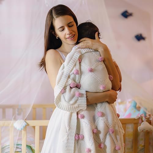 haus & kinder Cotton Knitted Blanket For New Born Baby Baby All Season Ac Blankets Quilt Wrapper For New Born Boy & Girl Size 80 Cm X 100 Cm, 0 To 2 Years Bubblegum Pink Pom Pom| TC - 150 - Image 3