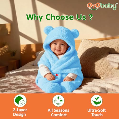OYO BABY Newborn Baby Hooded Swaddle Blanket Combo β 2 Pcs Embroidered Wearable Wrappers/Sleeping Bags (0-6 Months, 72x68 cm) - Blue +Dark Blue, I Love Mom - Image 6