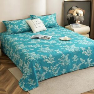 VOMZER Cotton King Size Flat Bedsheet for Double Bed, 1 Cotton Bed Sheet Double Bed (90x100 Inches) with 2 Pillow Cover, Aqua