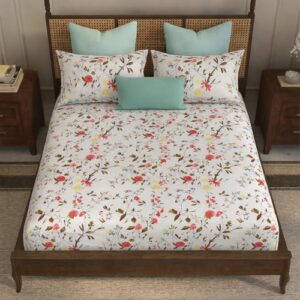 VOMZER 320 TC Cotton Feel All Around Elastic Fitted Floral Bedsheets King Size, Premium Fitted Bedsheets King Size for Double Bed with 2 Pillow Covers, Size- 78" x 72" (White)