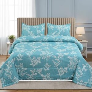 VOMZER Super Soft Microfiber All-Season King Size AC Comforter (90x95 Inches) | Duvet for Double Bed with 1 Elastic Fitted Bedsheet (72x78 Inches) 2 Pillow Covers | 4 Piece Comforter Set Aqua Lily